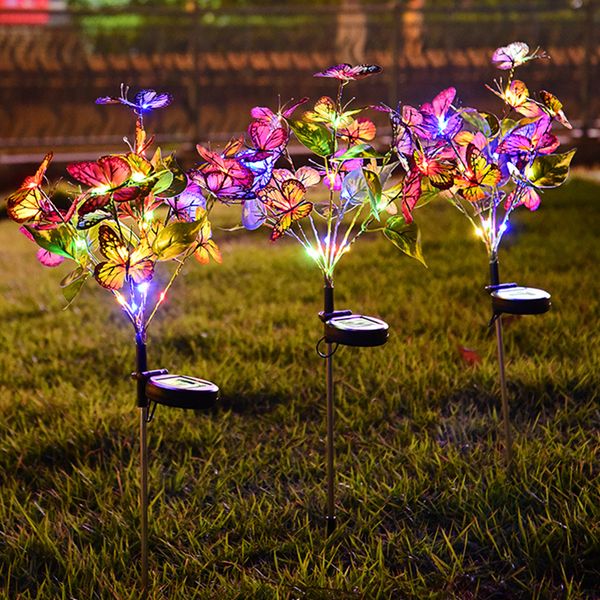 Luzes solares LED ao ar livre à prova d'água Borboleta Flor Lâmpada Villa Jardim Paisagem Decoração Inserção de Grama Canteiro de flores RGB Luzes de gramado IP65