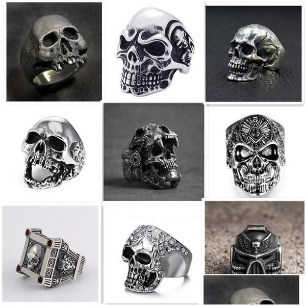 Anelli a fascia all'ingrosso Gothic Skl Ring Vintage Sier Color Punk Biker Metal Jewelry Rock Skeleton Size 16Mm To 22Mm Mix Style Drop Deliv Dh4Pd