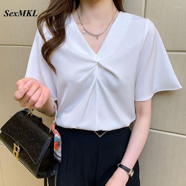 Женские блузки Summer v Neck Chiffon Women 2023 Корейская модная одежда Элегантная офисная дам