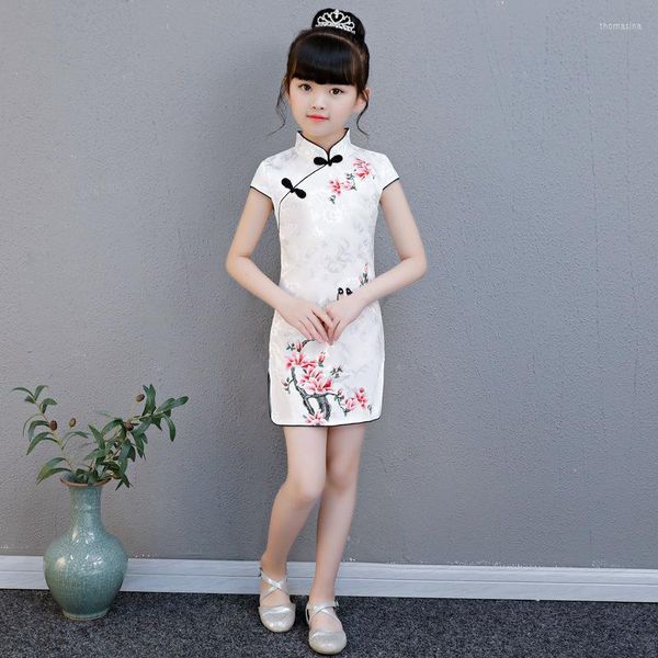 Ethnische Kleidung Schönes chinesisches Kind Mädchen Weißer Blumendruck Cheongsam Kleid Mädchen Qipao Baumwolle Jahr Geschenk Party Abendgarderobe
