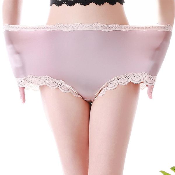 Hohe Taille Große Größe Höschen Sexy Nahtlose Satin Seide Slips Unterwäsche Spitzenbesatz Weiche Dehnbare Dessous Frauen Höschen Rosa 5xl251I