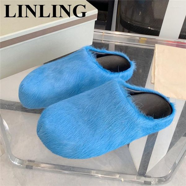 Chinelos Crina de Cavalo Feminino Moda Homens Moda Bico Redondo Furry Mule Sapatos Primavera Plana Solado Grosso Slides Couro Genuíno Casual Mulher