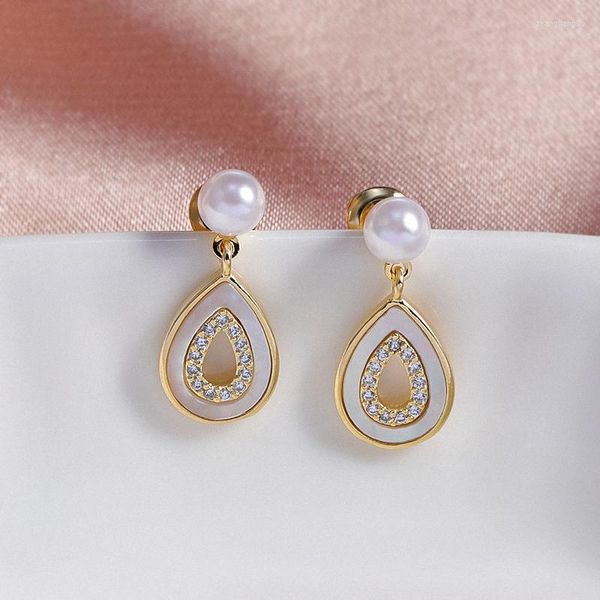 Brincos pendentes em forma de lágrima Shell Drop para mulheres meninas ouro prata cor branco pérola água na moda CZ Zircon jóias LE1483