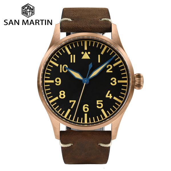 Outros Relógios San Martin 41mm Cusn8 Bronze Pilot Watch NH35 Automático Mecânico Masculino Militar Simples Safira 10Bar Couro Relojes 230703