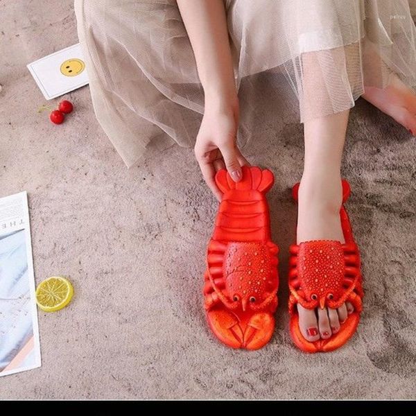 Chinelos verão fofos praia sapatos casuais femininos engraçados animais chinelos unissex tamanho grande lagosta macia