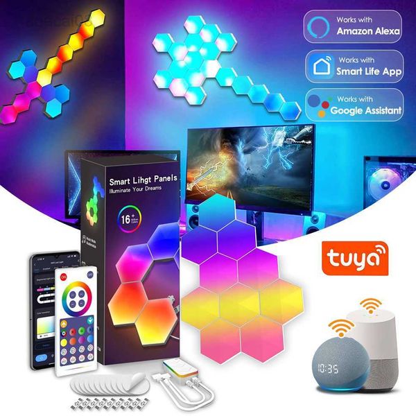 RGB Tuya WiFi Hexagon Led Lampade Smart Ambient Mood Lighting APP Telecomando Luci notturne Sala giochi Camera da letto Decorazione da comodino HKD230704