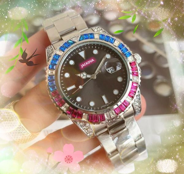 Luxury Fashion Solid Fine Acciaio inossidabile Orologi 41mm Starry Colorful Rainbow Diamonds Anello Orologio Movimento al quarzo Uomo lussuoso Orologi da polso montre de luxe