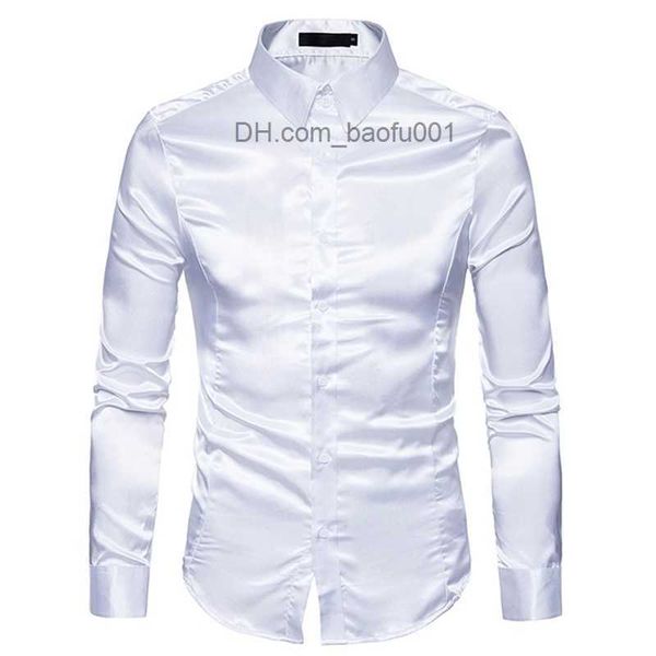 Camicie casual da uomo Camicia di seta bianca da uomo Moda uomo in raso Social Casual Slim Fit Abito manica lunga s Camisa Masculina maschile Z230707