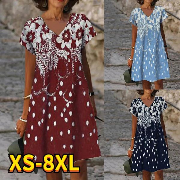 Lässige Kleider 2023 Sommer Damen 3D Blumendruck Kleid V-Ausschnitt Kausal Elegant Knielang Fashional Malerei 8XL