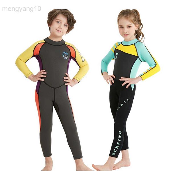 Wetsuits Drysuits Çocuk Dalış Takımı 2.5mm Neopren Wetsuit Erkekler için Çocuklar Sıcak Tek Parçalı Uzun Kollu UV Koruma Mayo Yeni HKD230704