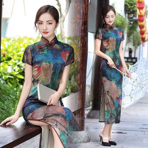 Abbigliamento etnico Summer Long Cheongsam Qipao Silk Fashion Daily Women Dress Slim Party Costume Abiti vintage Stampa paesaggistica