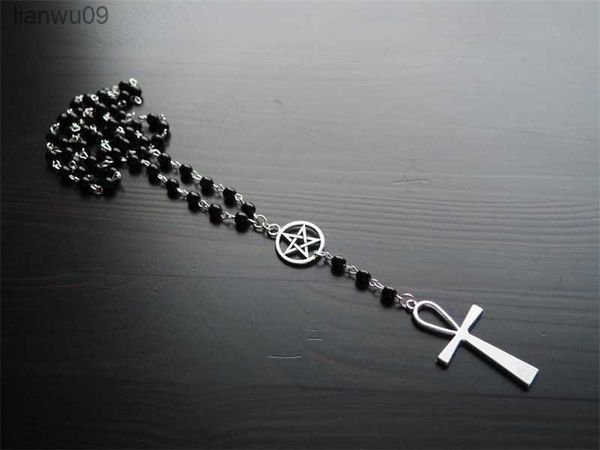 Ankh- und Pentagramm-Rosenkranz-Halskette, Wicca-heidnischer Rosenkranz, schwarze Perlen, Charm-Schmuck für Frauen, Geschenk, modischer, schlichter Schmuck, L230704