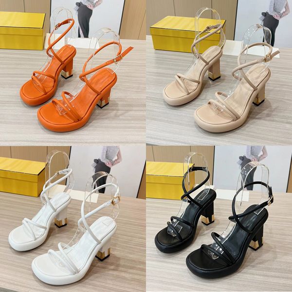 2023 Tasarımcı Lüks Pure Renk Süper Yüksek Topuklu Sandals Kadınlar% 100 Deri Siyah/Beyaz/Kayısı/Turuncu Tek Satır Strappy Sandal Ladys Seksi Tıknaz Topuklu Ayak Ayakkabıları