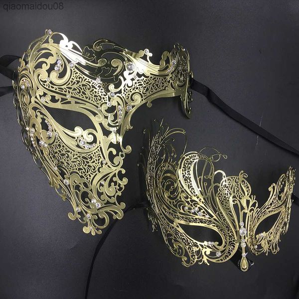 Sua Casal dela Glitter Strass Metal Filigrana Masquerade Mask Traje Veneziano Baile de Festa de Baile de Natal Máscara de Meia Caveira L230704