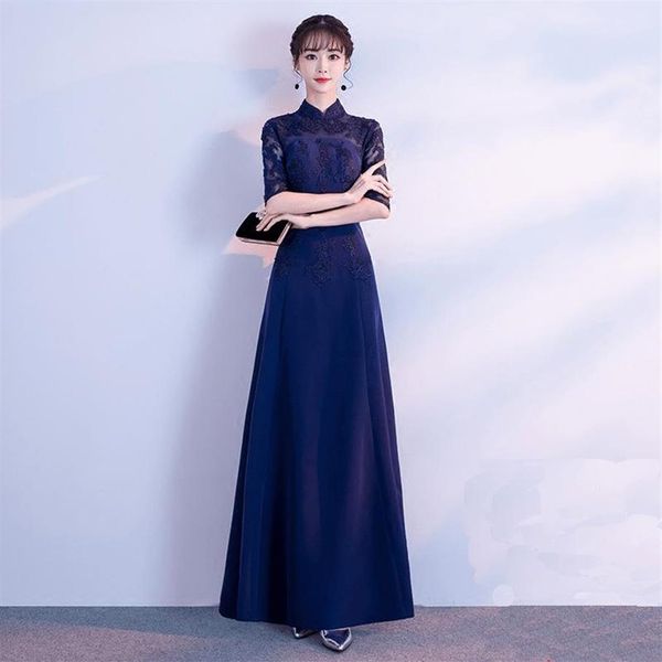 Ethnische Kleidung Marineblaue Applikationen Frauen Cheongsam Rock Lange Satin Halbarm Bankett Chinesische Kleider Fit und Flare Kleid Vestid248S