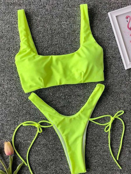 Neue 2023 Neon Grün High Leg Cut Bikini Weibliche Tanga Badeanzug Frauen Brasilianische Bademode Zwei-stück Bikini set badende Badeanzug L230619