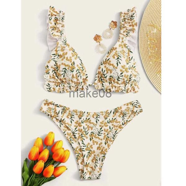 Costumi da bagno da donna Donna Sexy Bikini con stampa floreale Set 2023 Nuovo costume da bagno con balza Bikini sexy da donna Vita alta Fasciatura Costumi da bagno Costumi da bagno Biquini J230704