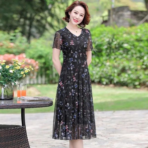 Casual Kleider Stretch Mesh Chiffon Kleid Weibliche 2023 Sommer Mode Blumen Kurzarm Mittleren Alters Mutter Große Größe Lange Rock