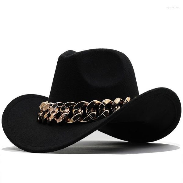 Berets Männer Frauen Cowboy Hut Western Fedora Hüte Breite Krempe Cowgirls Kappe Mit Gold Kette Herbst Winter