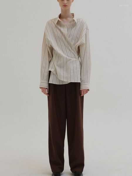 Blusas Femininas Camisa Listrada com Código de Cores Coréia Estilo Simples Irregular Fina Blusa Feminina 2023 Primavera/Verão Casual Feminino Tops