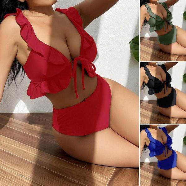 Roupa de banho feminina 2 pçs/conjunto de biquíni feminino frente com cadarço decote em v sem costas conjunto sexy sutiã feminino com alças babados cintura alta parte de baixo roupa de praia