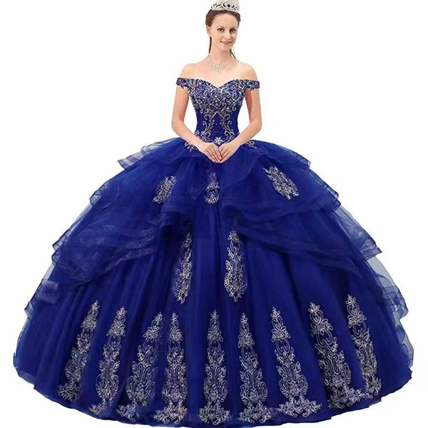 Königsblaues Quinceanera-Kleid, neueste goldene Spitze, Vintage-Ballkleid, Quinceanera-Kleider, schulterfrei, lange, elegante Perlen, Pailletten, Vestidos de 15, Sweet 16-Abschlussballkleider