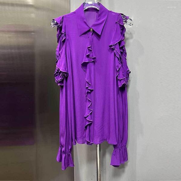 Женские блузки фиолетовая шелковая блузка элегантная одноночная лацкалка от плеча деревянные уши