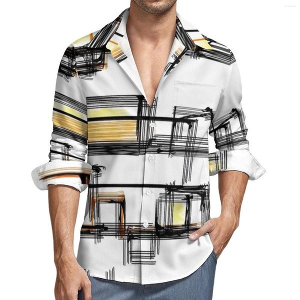 Camisas casuais masculinas pretas com linhas nórdicas masculinas abstratas linha arte primavera street print blusas manga longa vintage roupas grandes