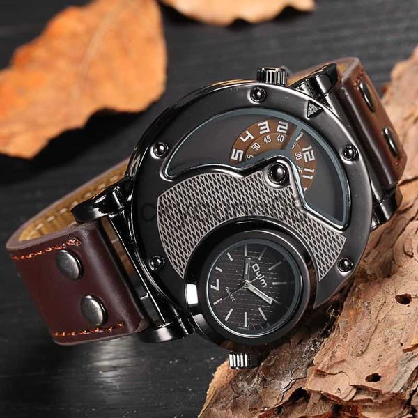 Armbanduhren Oulm Zwei Zeitzone Sport Handgelenk Militär Armee Männer Casual PU Lederband Antike Designer Quarz Männliche Uhr 0703