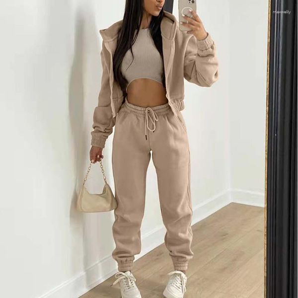 Frauen Zwei Stück Hosen Herbst Winter 3 Set Frauen Sweatsuit Trainingsanzug Weibliche Warme Mit Kapuze Schweiß Anzüge Outfits XXL 2023