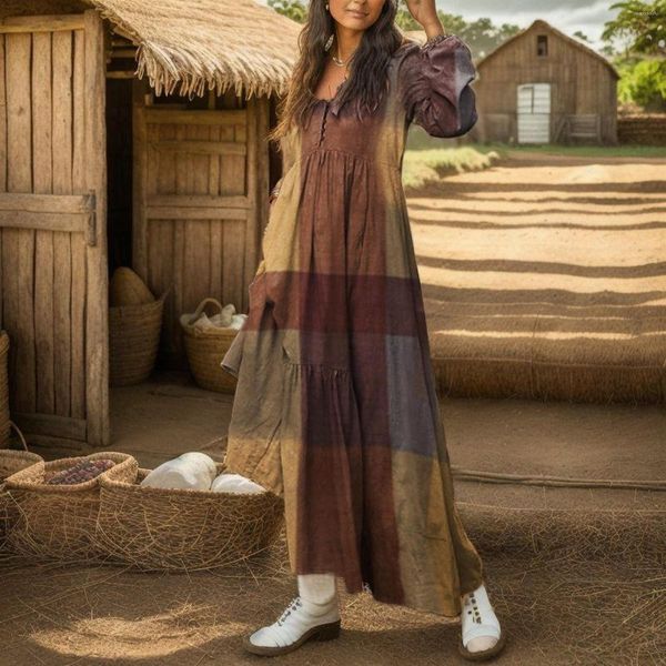 Lässige Kleider Bohemian Long Shirt Kleid Frauen Ärmel Vintage 2023 Frühling Herbst Unregelmäßiger Saum Lose Plaid Maxi