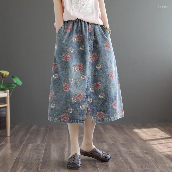 Röcke Sommer Frühling Jeans Rock Floral Midi Baumwolle Denim Für Frauen 2023 Mädchen Hohe Taille Tasche Eine Linie Stich DD891