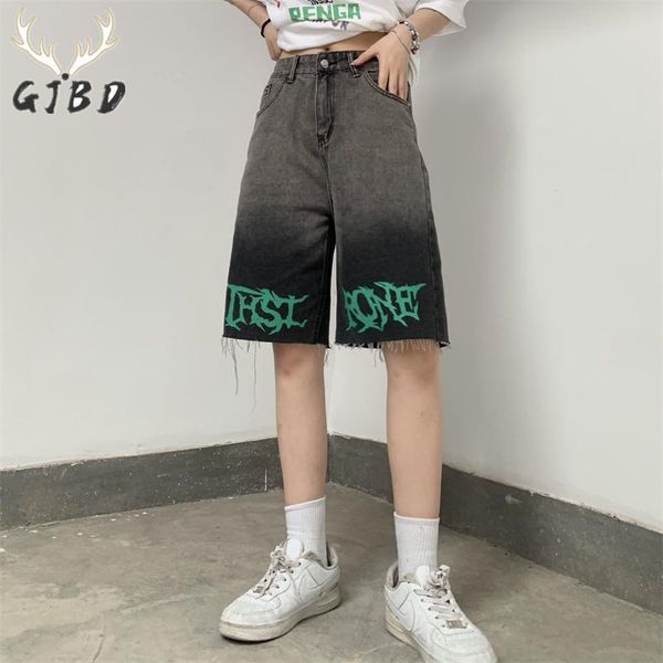 Jeans schwarze Hohe Taille Frauen Shorts Jeans Weitbein Baggy Denim Shorts Street Street Hip Hop Brief Print Sommer Straight Boyfriend Jean Hosen