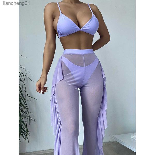 2023 Novo conjunto de biquíni sexy de três peças com calça de praia babado roupa de banho feminina maiô feminino sólido biquíni maiô moda praia L230619