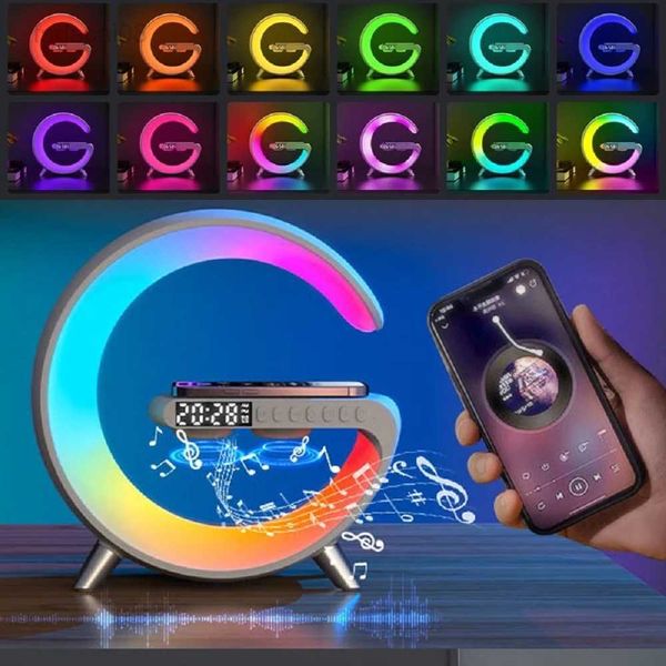 Luci Smart Night Light APP Control RGB Atmosphere Caricatore wireless da tavolo Sveglia Altoparlante LED Lampada per Kids Room Decor HKD230704