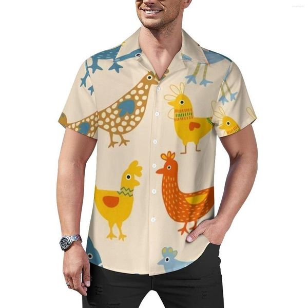 Camisas casuais masculinas Blusas de galinha coloridas Estampa animal de fazenda masculina Havaiana Manga curta padrão Novidade Camisa de praia tamanho grande Presente