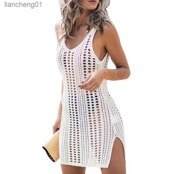 Solide Häkeln Bikini Cover Up mit Fransen Trim Frauen Sexy Hohl Tunika Strand Kleid 2022 Sommer Badeanzug Bademode L230619