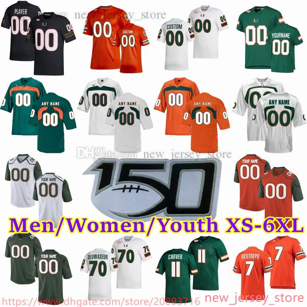 Custom S-6XL NCAA College Miami Hurricanes Football Jerseys 7 Xavier Restrepo 11 Jackson Carver 87 Gabriel Valladares 5 Key'Shawn Smith 9 Tyler Van Dyke 64 Jalen Rivers