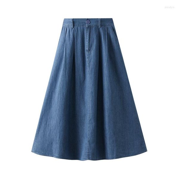 Saias Vintage Jeans Long Summer Jean Coreano Moda Elástica Cintura Alta Flare A-Line Azul Maxi Para Mulher