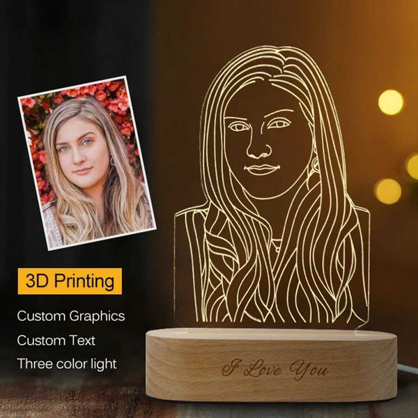 Luzes dropshipping personalizado 3d usb base de madeira diy lâmpada noturna para casamento presente de natal luz de férias texto personalizado foto hkd230704