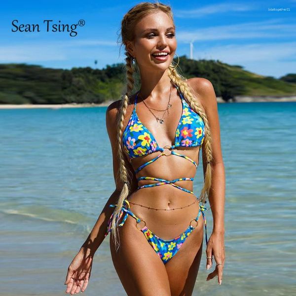 Roupa de banho feminina Sexy Estampa floral Microbiquíni Feminino Laço Bandagem Triângulo Maiô Praia Thong Tubo Monoquíni Roupas de férias