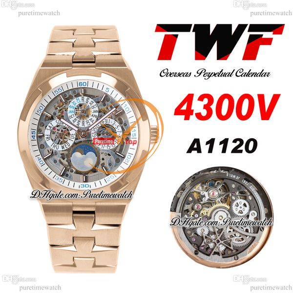 TWF Overseas Ewiger Kalender Mondphase 4300 V A1120 Automatik-Herrenuhr, Roségold, weißes Skelett-Zifferblatt, Edelstahlarmband, Superversion Puretime B13