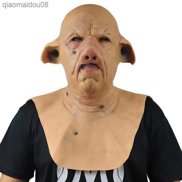 Cerdo Máscara de látex completa Horror Máscara de arrugas espeluznante con cuello Cabeza completa Fiesta de Halloween Carnaval Props Máscara para la cara Moda L230704