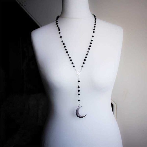 Collana con rosario di perline nere Collana lunga a mezzaluna gotica Strega Pagan Moon Phase Gioielli Regalo da donna Gioielli di moda L230704