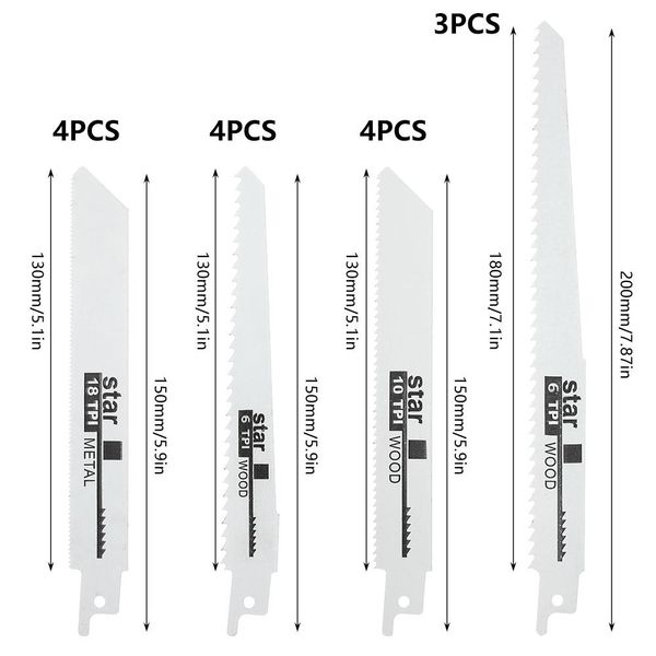 Parçalar 14 PCS Pistonlu Testere Bıçakları Ahşap Budama Sabre Soyun Soyun Soyun Kesmek İçin Çok Testere Bıçağı PVC Tüp Güç Aksesuarları