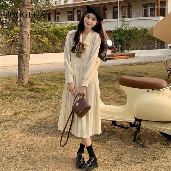 Casual Kleider 2023 Frauen Lolita Kleid Kawaii Elegante Vintage Plissee Herbst Süße Nette Langarm Adrette Mode Bogen Robe