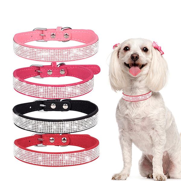 Coleira para cachorro com strass Fofa Deslumbrante Espumante Coleira de couro de camurça macia para gato Coleira de cristal com diamante para cachorro de estimação