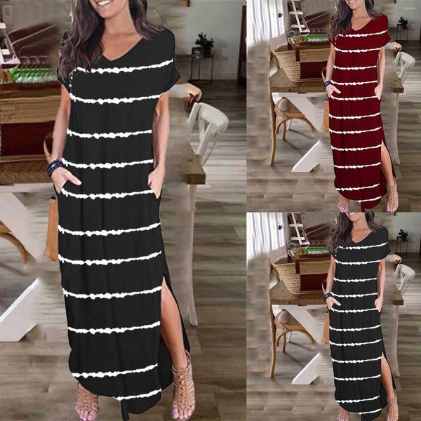 Abiti casual Moda a righe per donna Summer Beach Pullover Maxi abito lungo Boho Open Fork Sundress Ladies Loose Slip Vestido