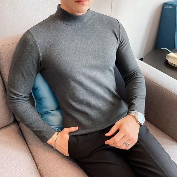Erkek Tişörtleri Sonbahar Alman Velvet Arka Düz Renk Yarım Yüksek Boyun Uzun Kollu Kalite Klasik İş Çelenek Ofis T-Shirt
