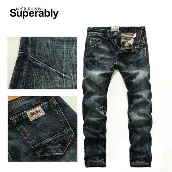 Jeans de motociclista masculinos de cor escura de alta qualidade design de marca calças masculinas tamanho 28 a 38 jeans rasgados retos para homens U289y